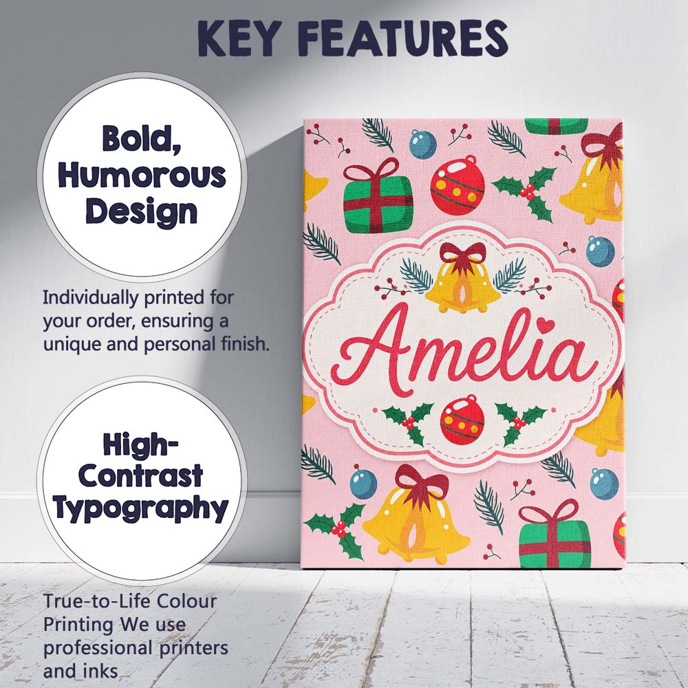 Personalised Name Festive Bells Gift Holly Custom  Bespoke Contemporary Statement Canvas Wall Art Print Decor Picture Ready to Hang