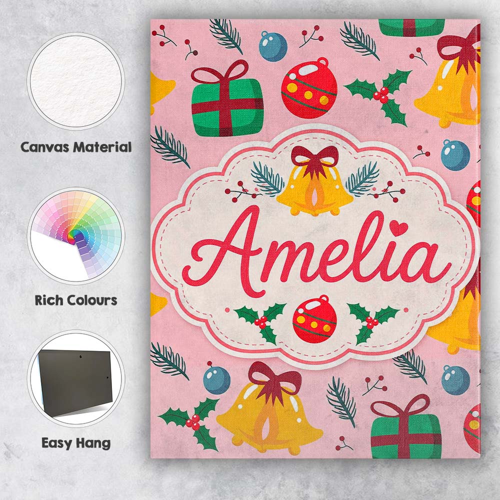 Personalised Name Festive Bells Gift Holly Custom  Bespoke Contemporary Statement Canvas Wall Art Print Decor Picture Ready to Hang
