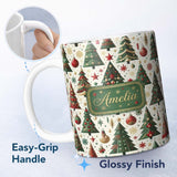 Personalized Custom Name Classic Christmas Tree Ornaments and Festive Decor Seamless Pattern 11oz Ceramic Coffee Tea Mug White Large Handle