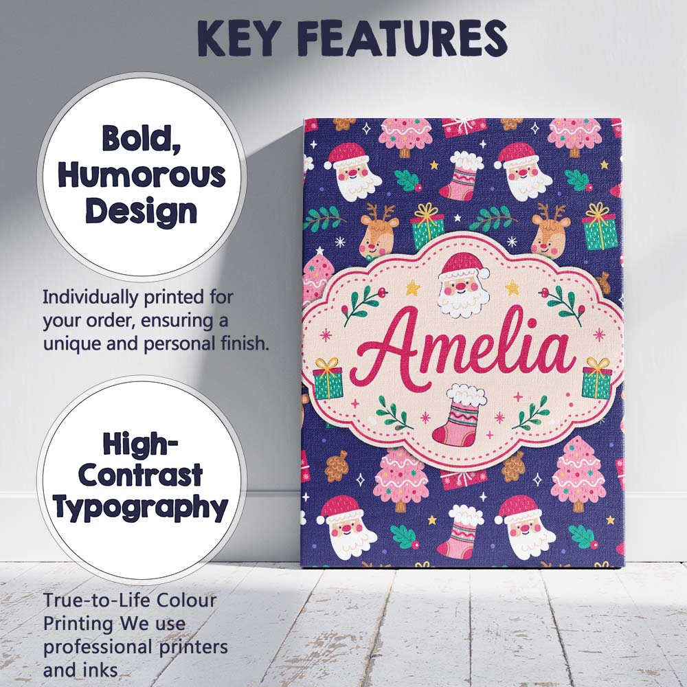 Personalised Name Cute Santa Reindeer Tree Custom  Unique Gift Idea Elegant Feature Canvas Wall Art Print Decor Picture Ready to Hang