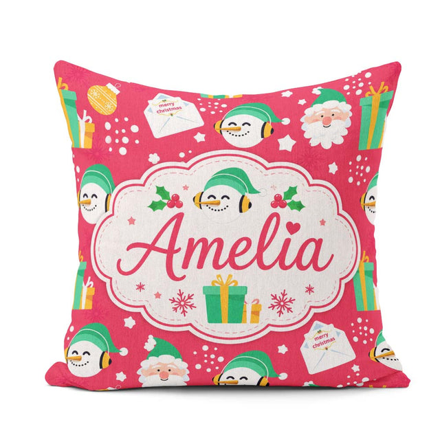 Custom Name Cute Santa Snowman Letter Gift Seamless Pattern Idea Square Filled Cushion Throw Pillow Sofa Bed Home Decor Zip Washable UK Made