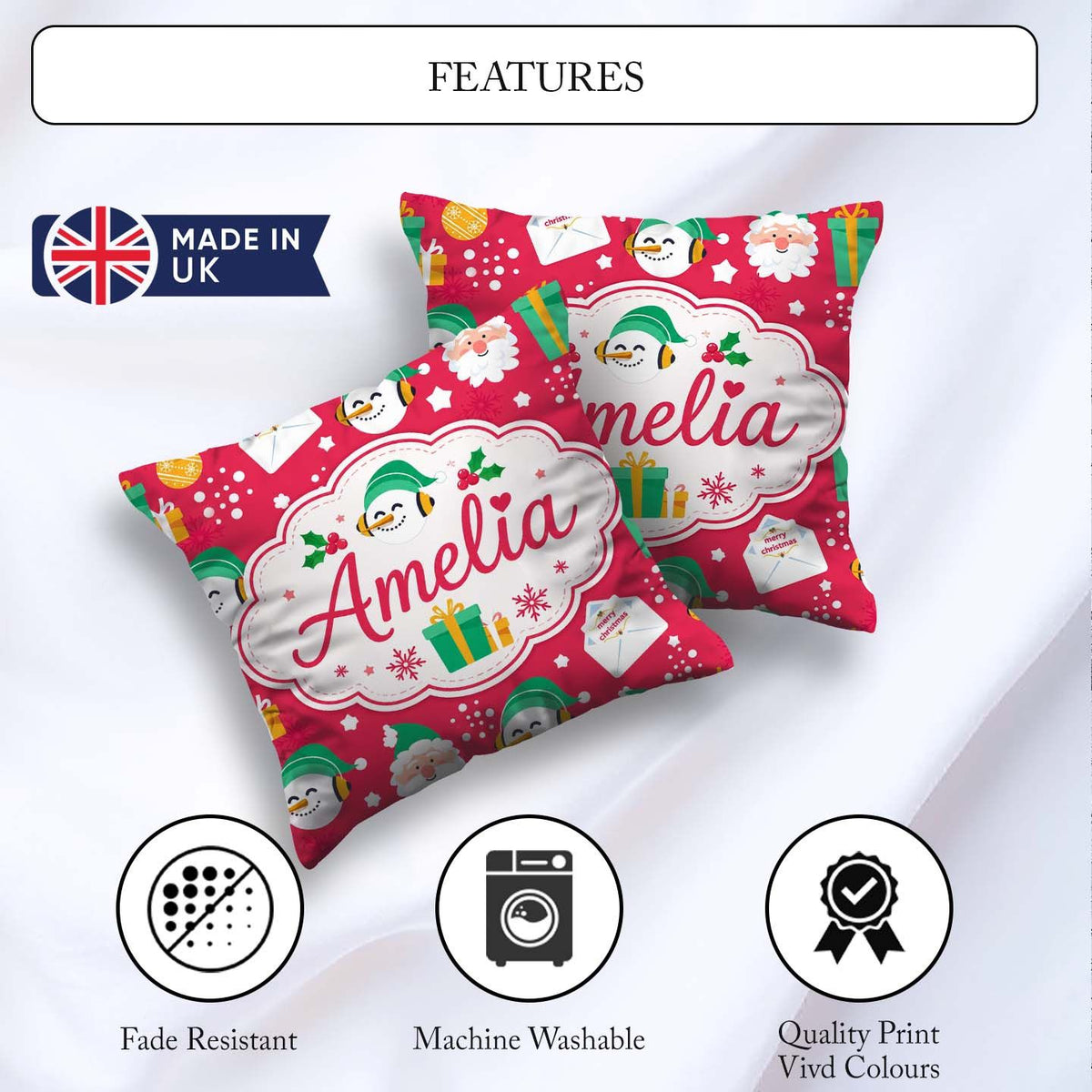 Custom Name Cute Santa Snowman Letter Gift Seamless Pattern Idea Square Filled Cushion Throw Pillow Sofa Bed Home Decor Zip Washable UK Made