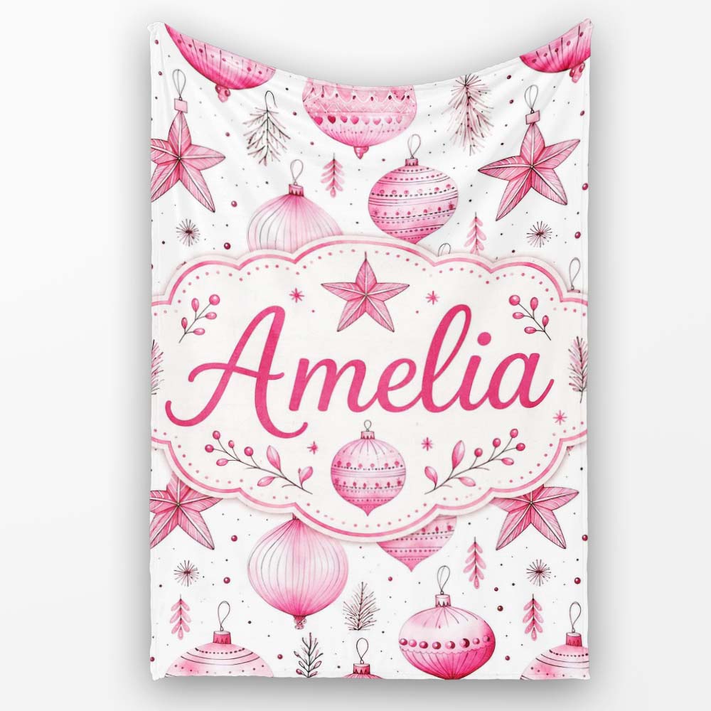 Watercolor Pink Baubles Star Ornament Seamless Pattern Lovely  Personalised Custom Name Super Soft Fleece Blanket Bed Sofa Throw