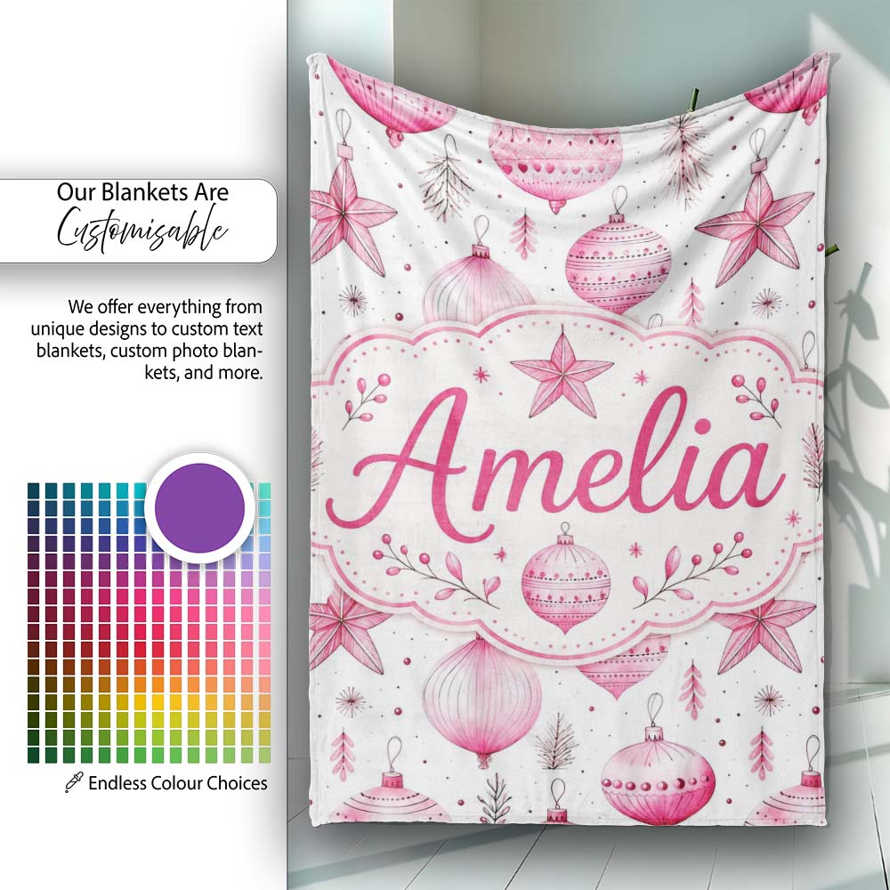 Watercolor Pink Baubles Star Ornament Seamless Pattern Lovely  Personalised Custom Name Super Soft Fleece Blanket Bed Sofa Throw