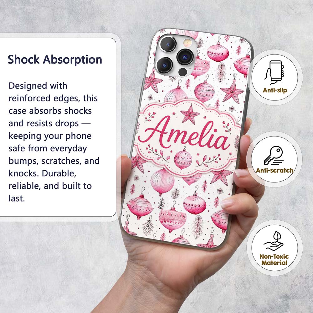 Watercolor Pink Baubles Star Ornament Seamless Custom Name Protective Phone Case Mobile Cover Durable Everyday Smartphone Shock Resistant
