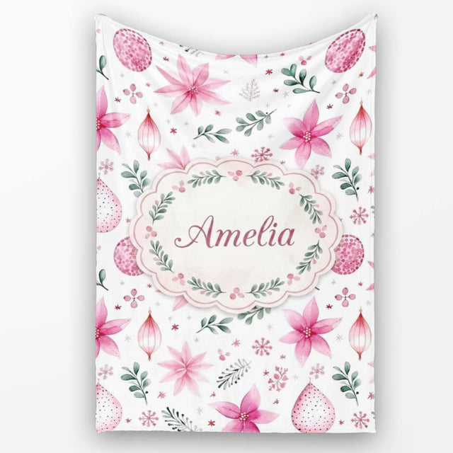 Watercolor Pink Poinsettia Leaves Christmas Seamless Pattern Lovely  Personalised Custom Name Super Soft Fleece Blanket Bed Sofa Throw