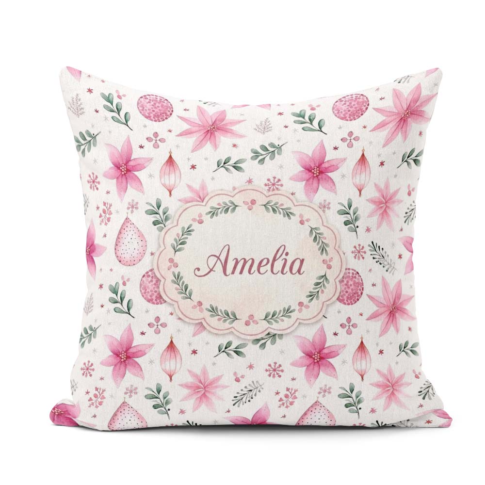 Custom Name Watercolor Pink Poinsettia Leaves Christmas Seamless Square Filled Cushion Throw Pillow Sofa Bed Home Decor Zip Washable UK Made