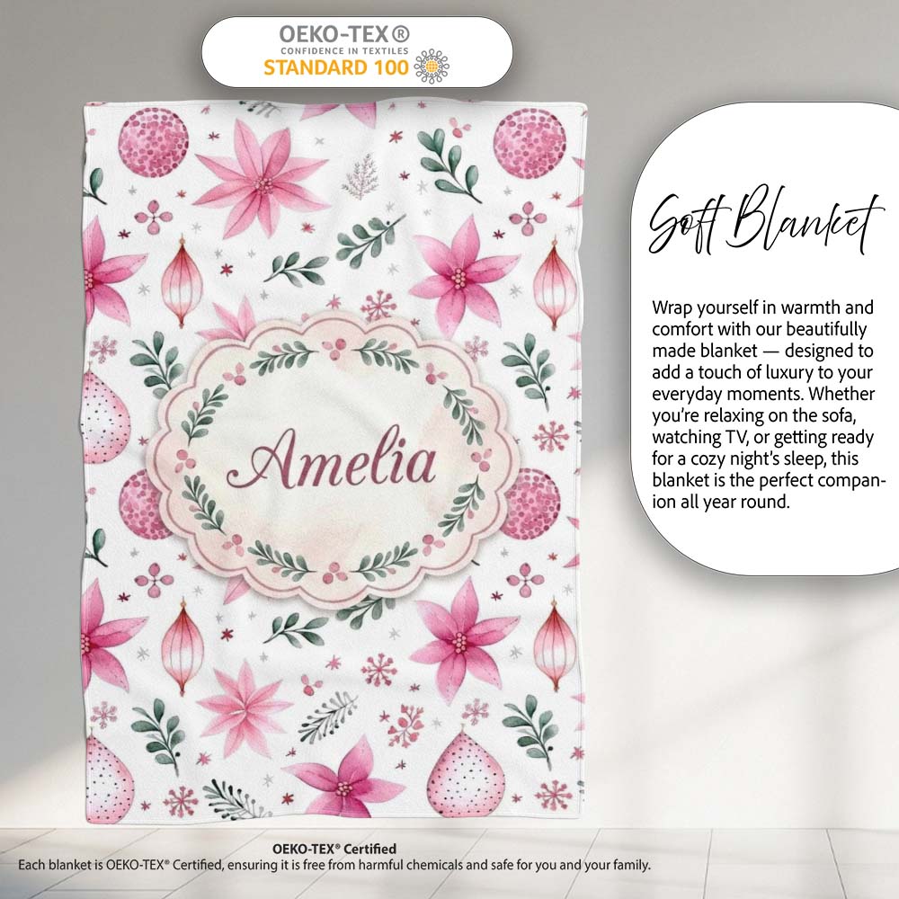 Watercolor Pink Poinsettia Leaves Christmas Seamless Pattern Lovely  Personalised Custom Name Super Soft Fleece Blanket Bed Sofa Throw