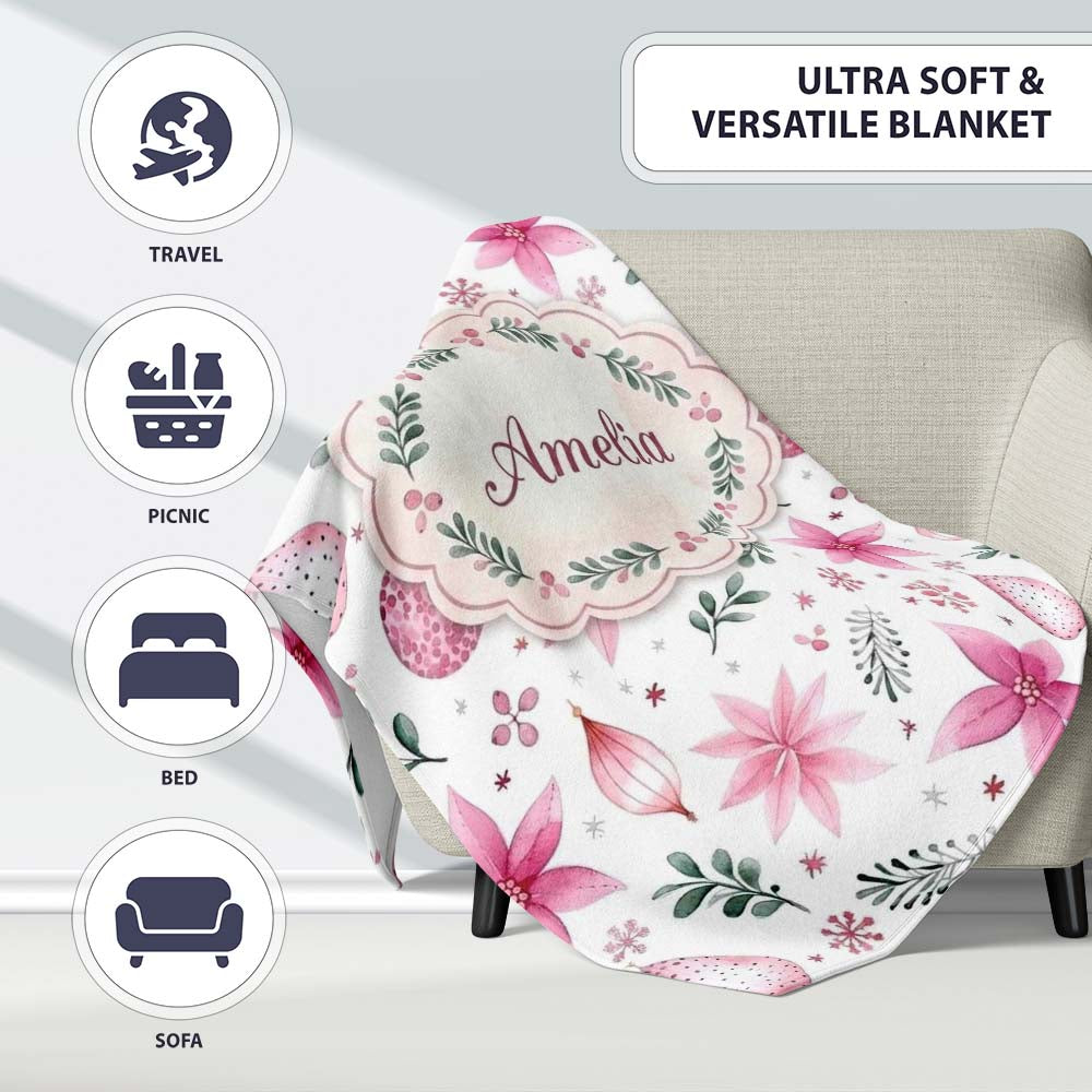 Watercolor Pink Poinsettia Leaves Christmas Seamless Pattern Lovely  Personalised Custom Name Super Soft Fleece Blanket Bed Sofa Throw