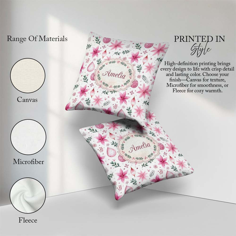 Custom Name Watercolor Pink Poinsettia Leaves Christmas Seamless Square Filled Cushion Throw Pillow Sofa Bed Home Decor Zip Washable UK Made