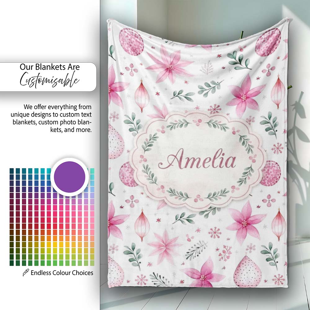 Watercolor Pink Poinsettia Leaves Christmas Seamless Pattern Lovely  Personalised Custom Name Super Soft Fleece Blanket Bed Sofa Throw