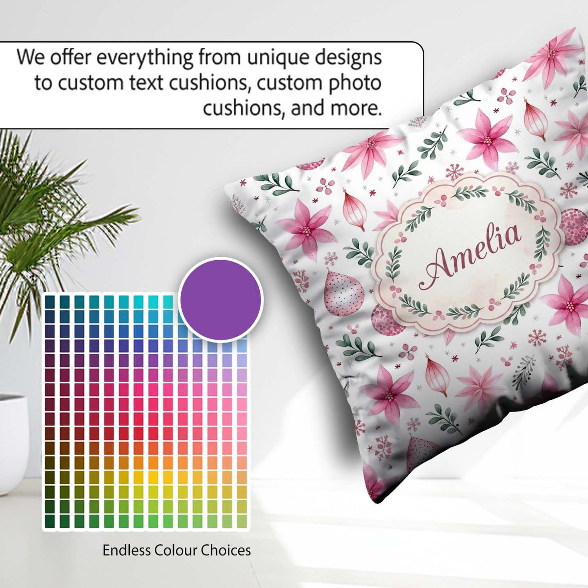 Custom Name Watercolor Pink Poinsettia Leaves Christmas Seamless Square Filled Cushion Throw Pillow Sofa Bed Home Decor Zip Washable UK Made