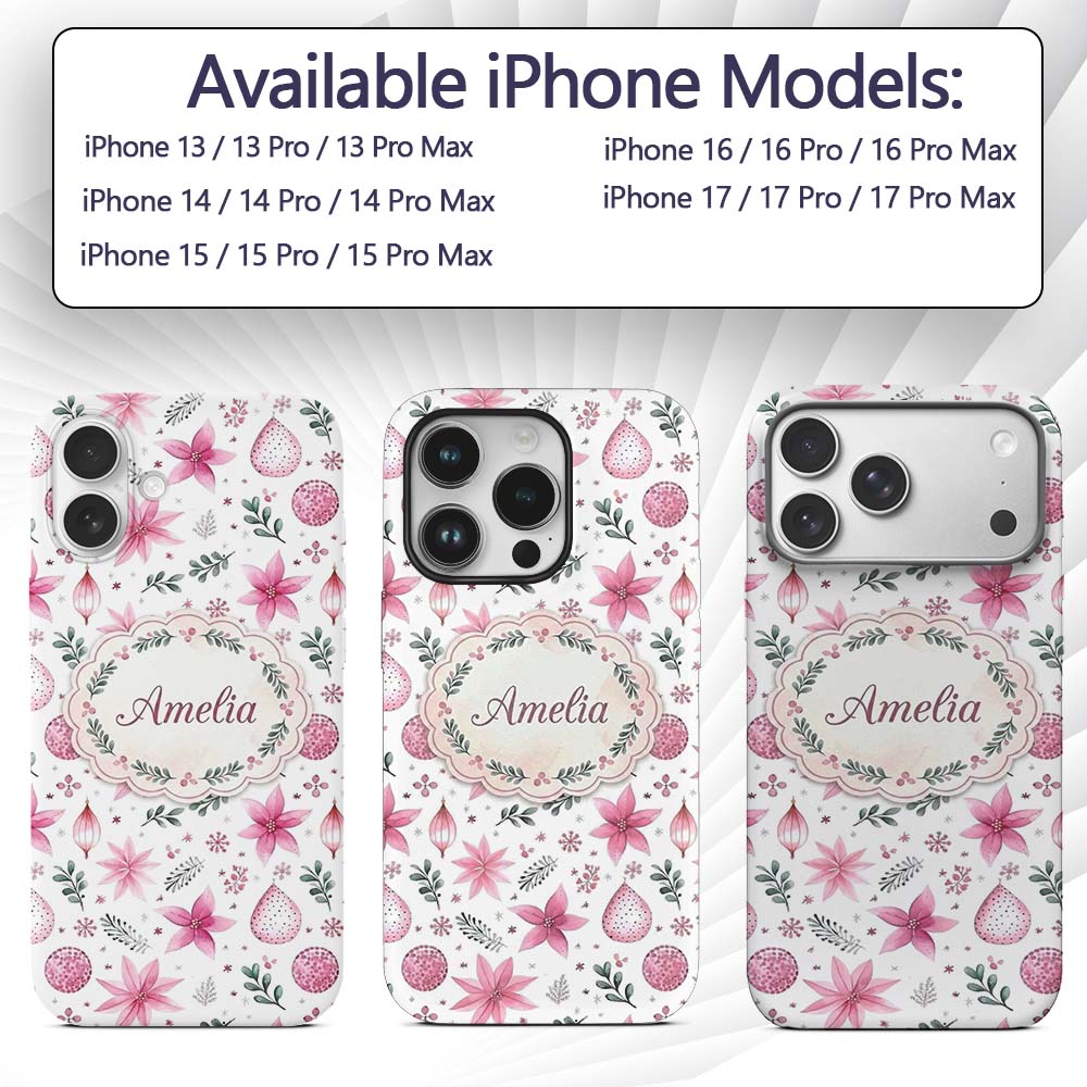 Watercolor Pink Poinsettia Leaves Printed Design Custom Name Protective Phone Case Mobile Cover Durable Everyday Smartphone Shock Resistant