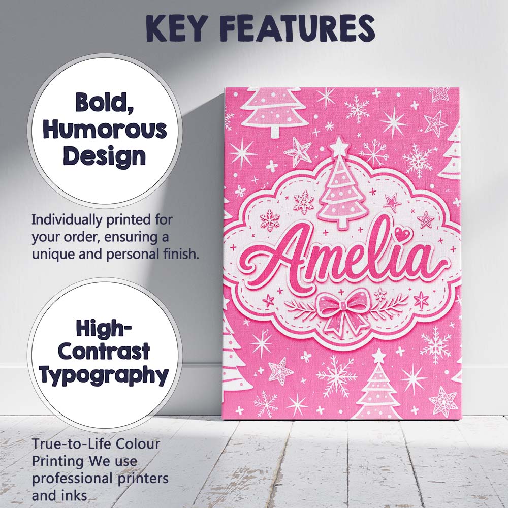 Personalised Name Pink Christmas Trees Custom  Modern Room Accent Elegant Feature Canvas Wall Art Print Decor Picture Ready to Hang