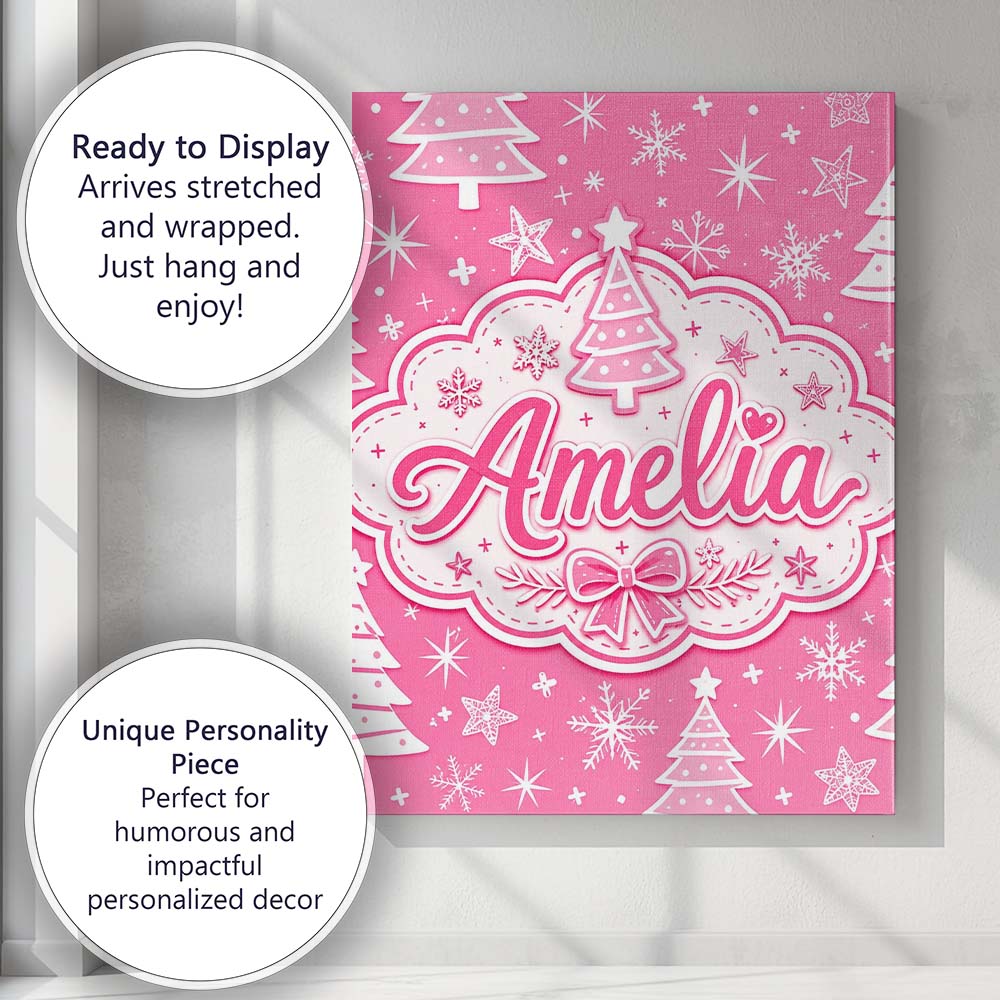 Personalised Name Pink Christmas Trees Custom  Modern Room Accent Elegant Feature Canvas Wall Art Print Decor Picture Ready to Hang