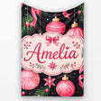 Elegant Red Baubles Ribbon Holly Black Seamless Pattern Lovely  Personalised Custom Name Super Soft Fleece Blanket Bed Sofa Throw