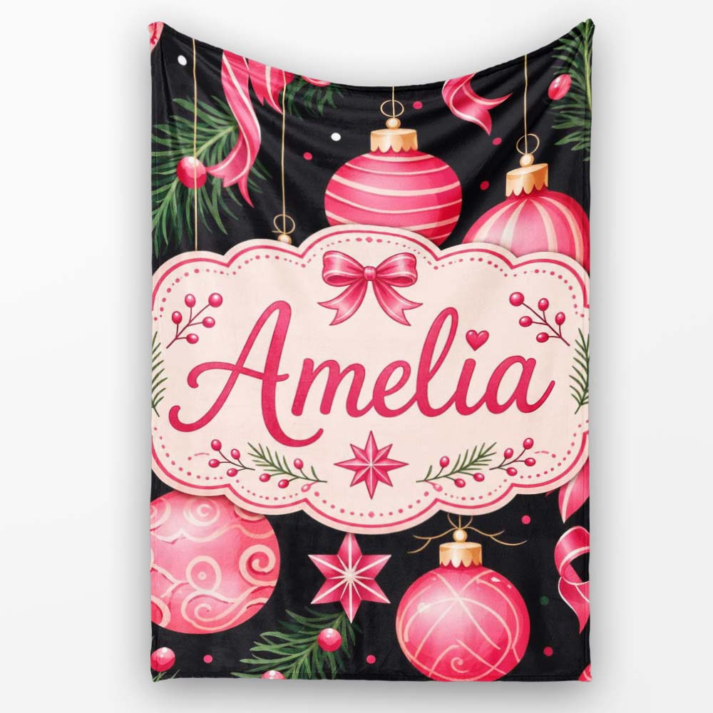Elegant Red Baubles Ribbon Holly Black Seamless Pattern Lovely  Personalised Custom Name Super Soft Fleece Blanket Bed Sofa Throw
