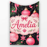 Elegant Red Baubles Ribbon Holly Black Seamless Pattern Lovely  Personalised Custom Name Super Soft Fleece Blanket Bed Sofa Throw