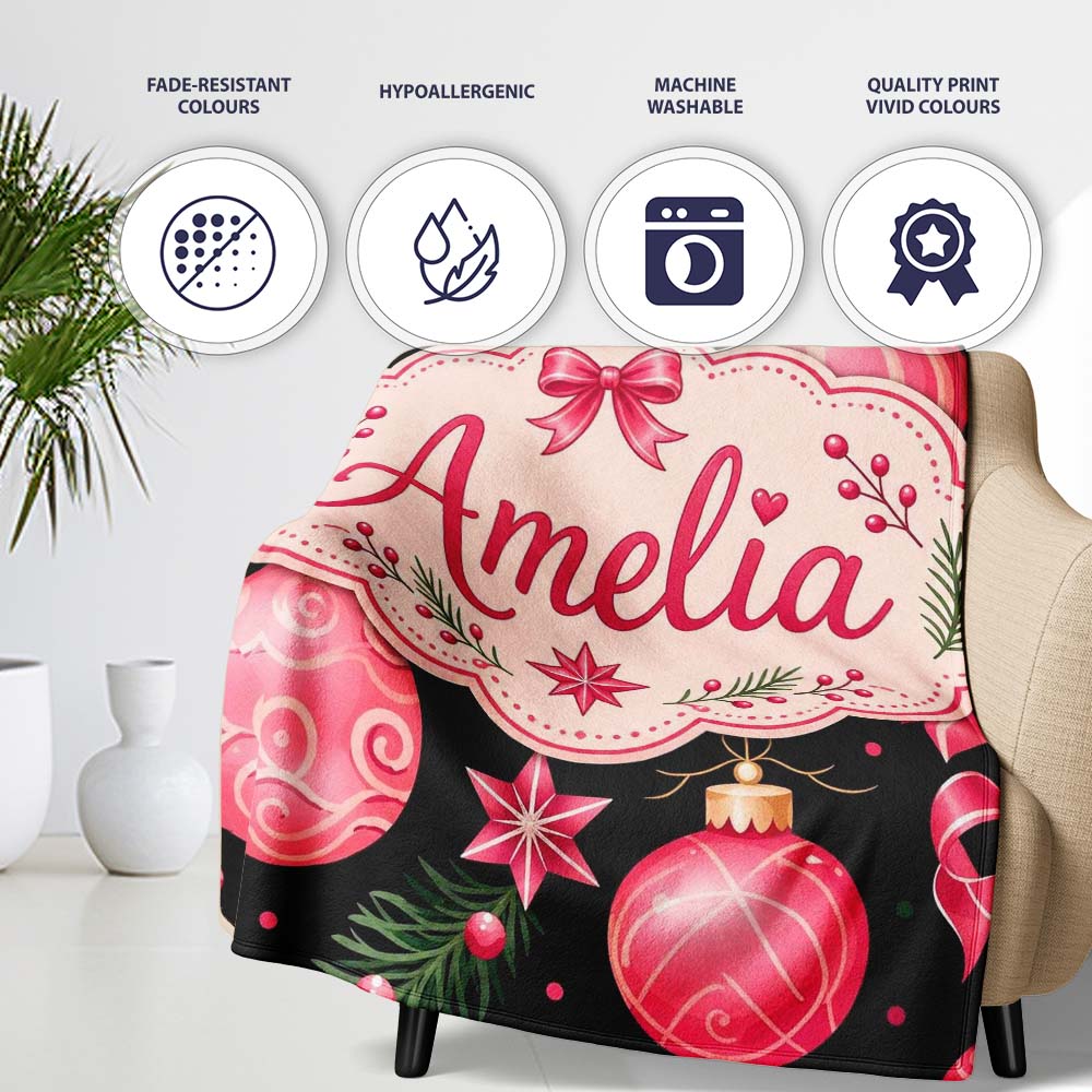 Elegant Red Baubles Ribbon Holly Black Seamless Pattern Lovely  Personalised Custom Name Super Soft Fleece Blanket Bed Sofa Throw