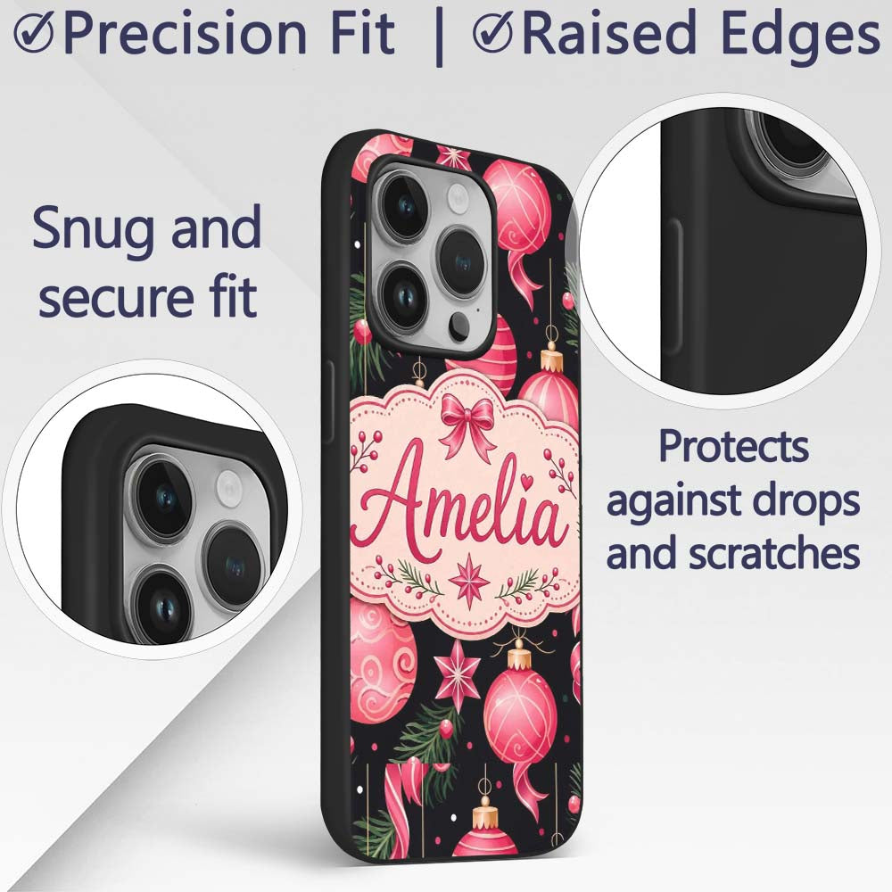 Elegant Red Baubles Ribbon Holly Black Seamless Custom Name Protective Phone Case Mobile Cover Durable Everyday Smartphone Shock Resistant
