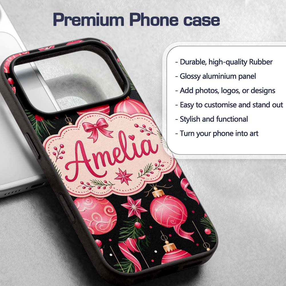 Elegant Red Baubles Ribbon Holly Black Seamless Custom Name Protective Phone Case Mobile Cover Durable Everyday Smartphone Shock Resistant