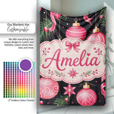 Elegant Red Baubles Ribbon Holly Black Seamless Pattern Lovely  Personalised Custom Name Super Soft Fleece Blanket Bed Sofa Throw