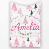 Watercolor Pink Green Christmas Trees Seamless Pattern Lovely  Personalised Custom Name Super Soft Fleece Blanket Bed Sofa Throw