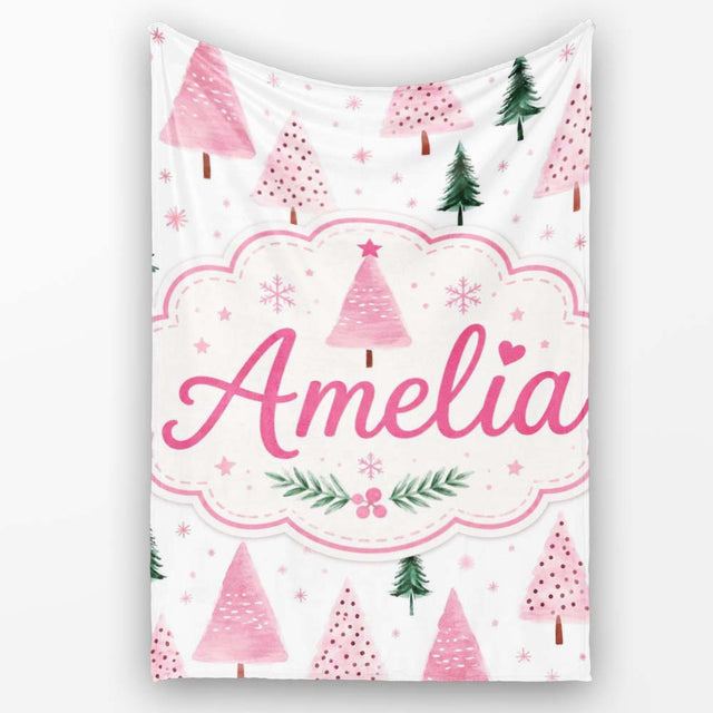 Watercolor Pink Green Christmas Trees Seamless Pattern Lovely  Personalised Custom Name Super Soft Fleece Blanket Bed Sofa Throw