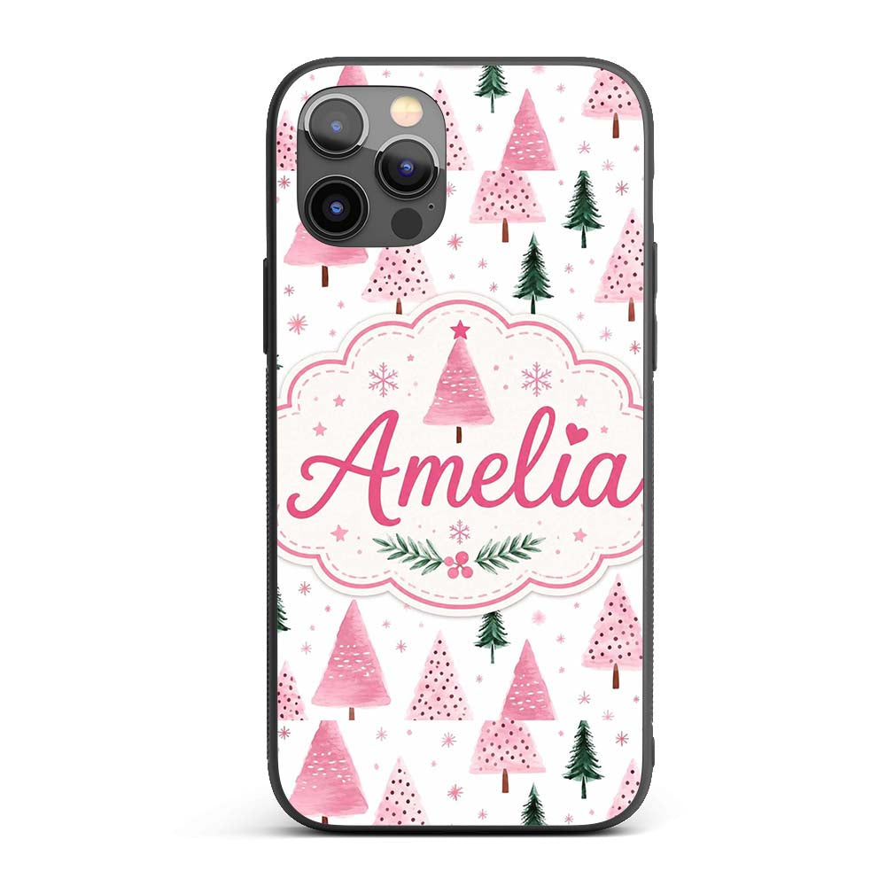 Watercolor Pink Green Christmas Trees Seamless Custom Name Protective Phone Case Mobile Cover Durable Everyday Smartphone Shock Resistant
