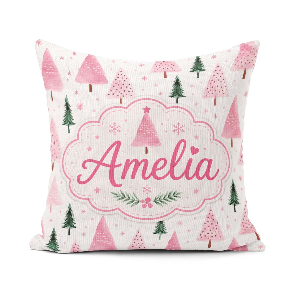 Custom Name Watercolor Pink Green Christmas Trees Pattern Lovely Square Filled Cushion Throw Pillow Sofa Bed Home Decor Zip Washable UK Made