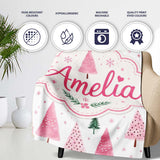 Watercolor Pink Green Christmas Trees Seamless Pattern Lovely  Personalised Custom Name Super Soft Fleece Blanket Bed Sofa Throw