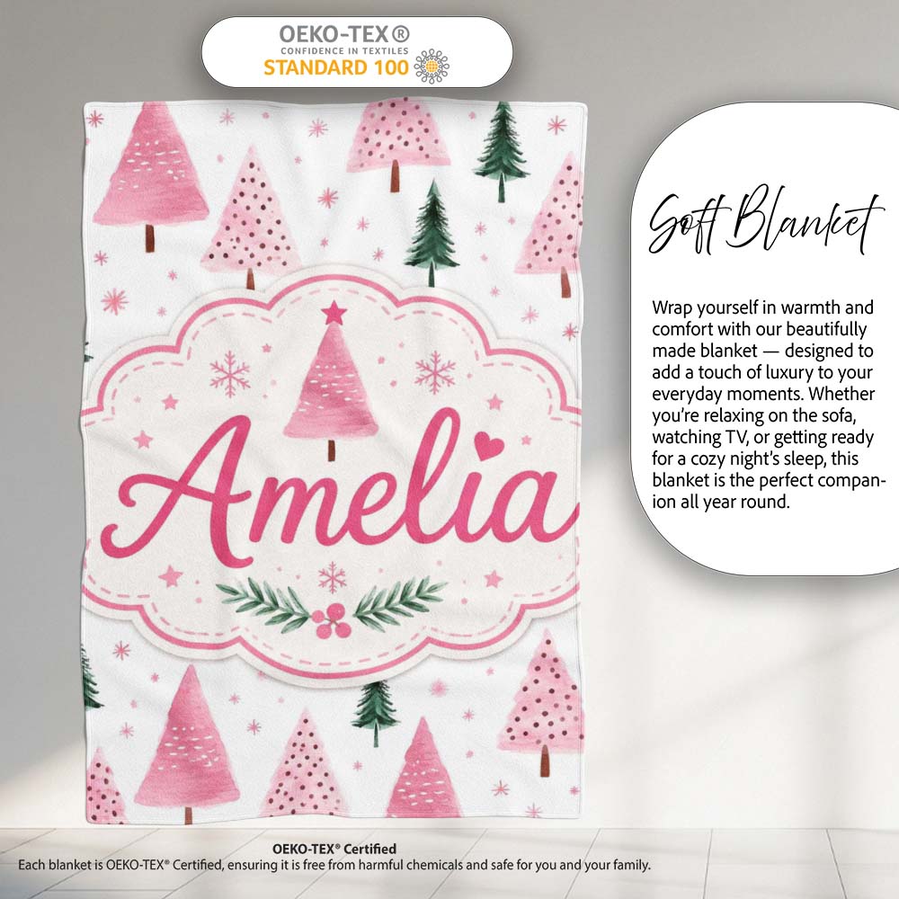 Watercolor Pink Green Christmas Trees Seamless Pattern Lovely  Personalised Custom Name Super Soft Fleece Blanket Bed Sofa Throw