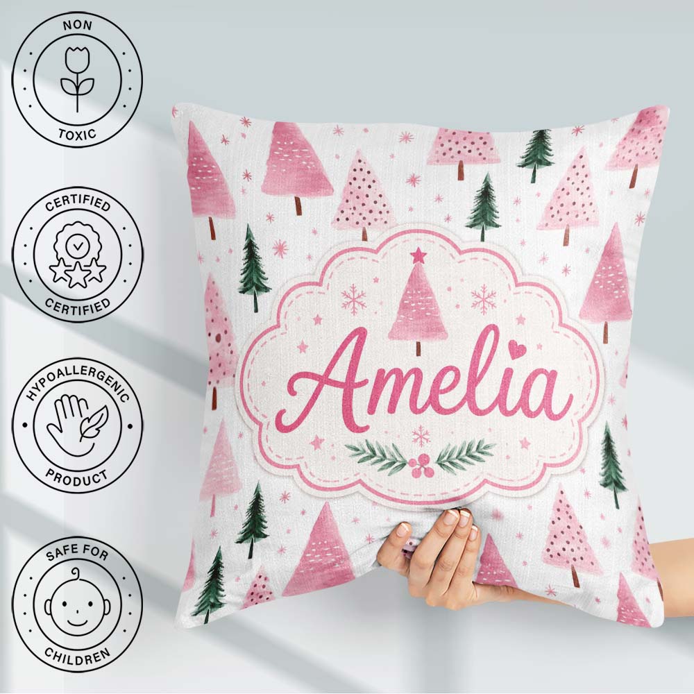 Custom Name Watercolor Pink Green Christmas Trees Pattern Lovely Square Filled Cushion Throw Pillow Sofa Bed Home Decor Zip Washable UK Made