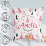 Custom Name Watercolor Pink Green Christmas Trees Pattern Lovely Square Filled Cushion Throw Pillow Sofa Bed Home Decor Zip Washable UK Made