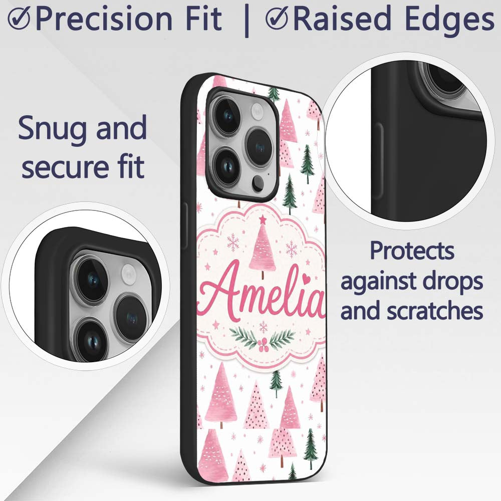 Watercolor Pink Green Christmas Trees Seamless Custom Name Protective Phone Case Mobile Cover Durable Everyday Smartphone Shock Resistant