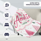 Watercolor Pink Green Christmas Trees Seamless Pattern Lovely  Personalised Custom Name Super Soft Fleece Blanket Bed Sofa Throw