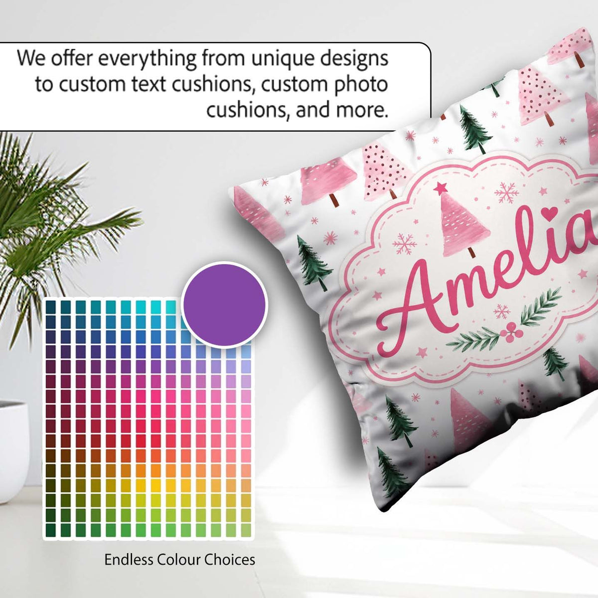 Custom Name Watercolor Pink Green Christmas Trees Pattern Lovely Square Filled Cushion Throw Pillow Sofa Bed Home Decor Zip Washable UK Made
