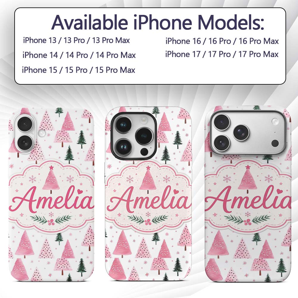 Watercolor Pink Green Christmas Trees Seamless Custom Name Protective Phone Case Mobile Cover Durable Everyday Smartphone Shock Resistant