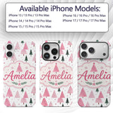 Watercolor Pink Green Christmas Trees Seamless Custom Name Protective Phone Case Mobile Cover Durable Everyday Smartphone Shock Resistant