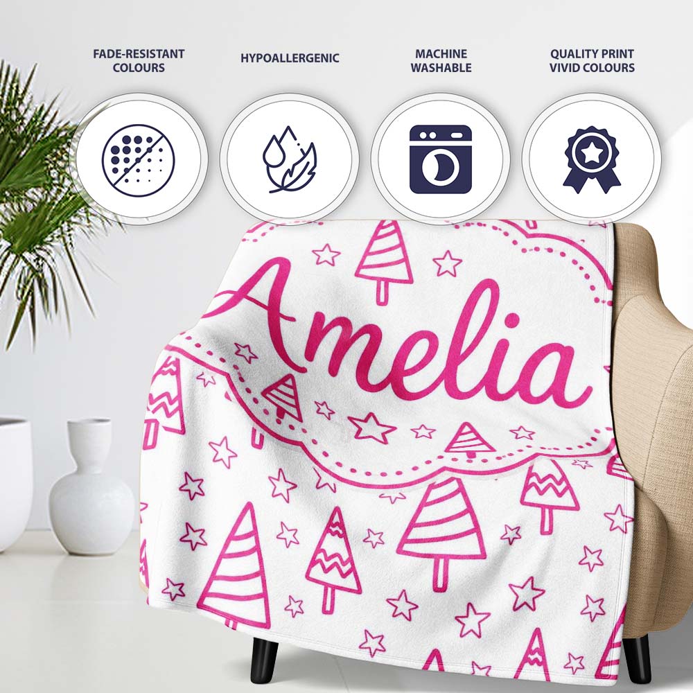 Minimal Pink Christmas Tree Star Seamless Pattern Cute Unique Gift  Personalised Custom Name Super Soft Fleece Blanket Bed Sofa Throw