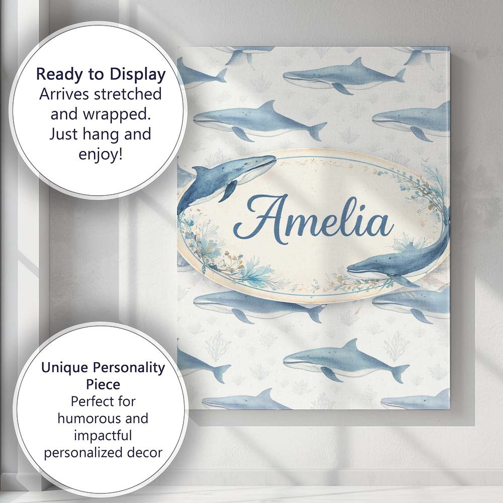 Personalised Name Watercolor Blue Beluga Whale Seamless Pattern Custom  Statement Canvas Wall Art Print Decor Picture Ready to Hang
