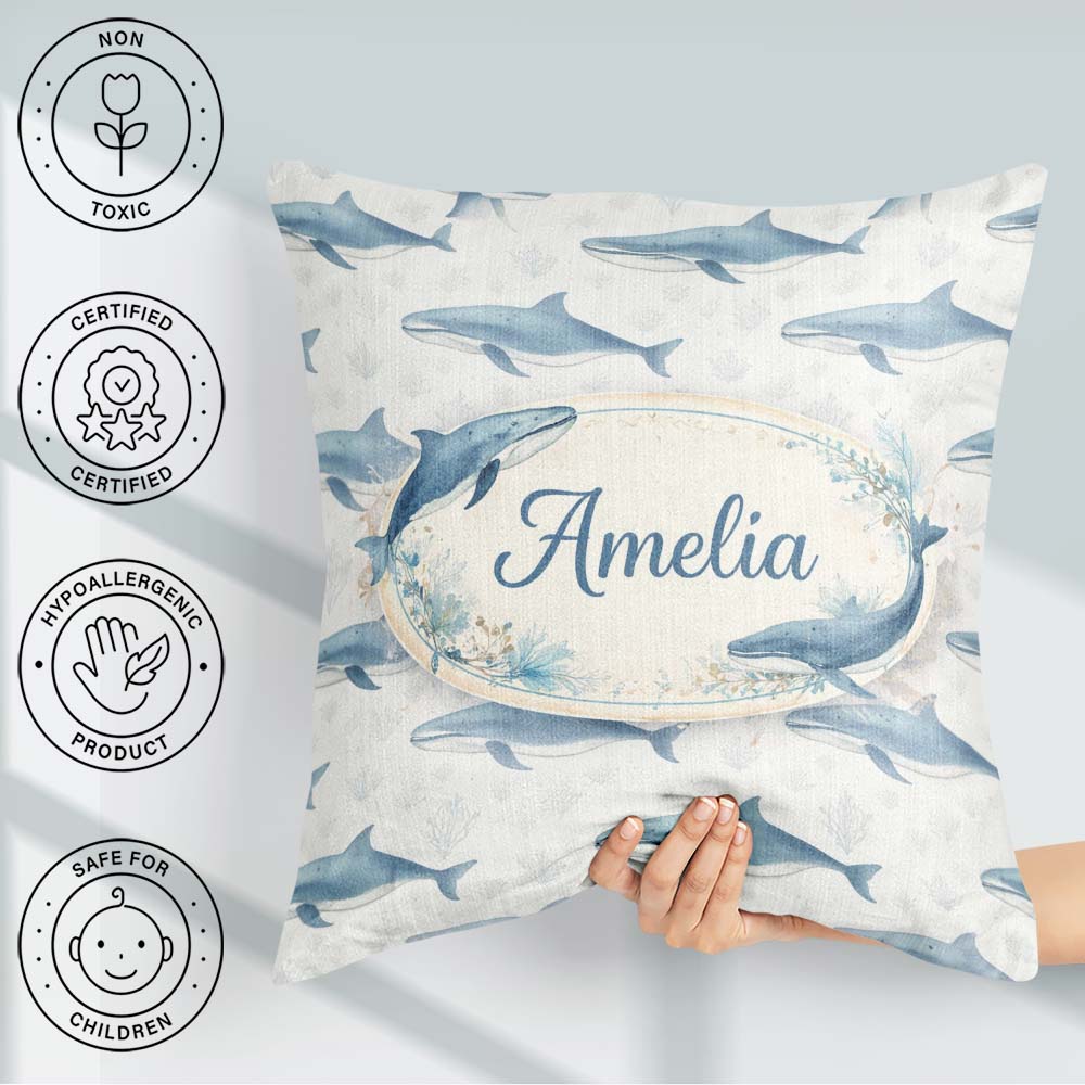 Custom Name Watercolor Blue Beluga Whale Seamless Pattern Marine Square Filled Cushion Throw Pillow Sofa Bed Home Decor Zip Washable UK Made