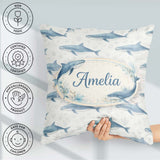 Custom Name Watercolor Blue Beluga Whale Seamless Pattern Marine Square Filled Cushion Throw Pillow Sofa Bed Home Decor Zip Washable UK Made