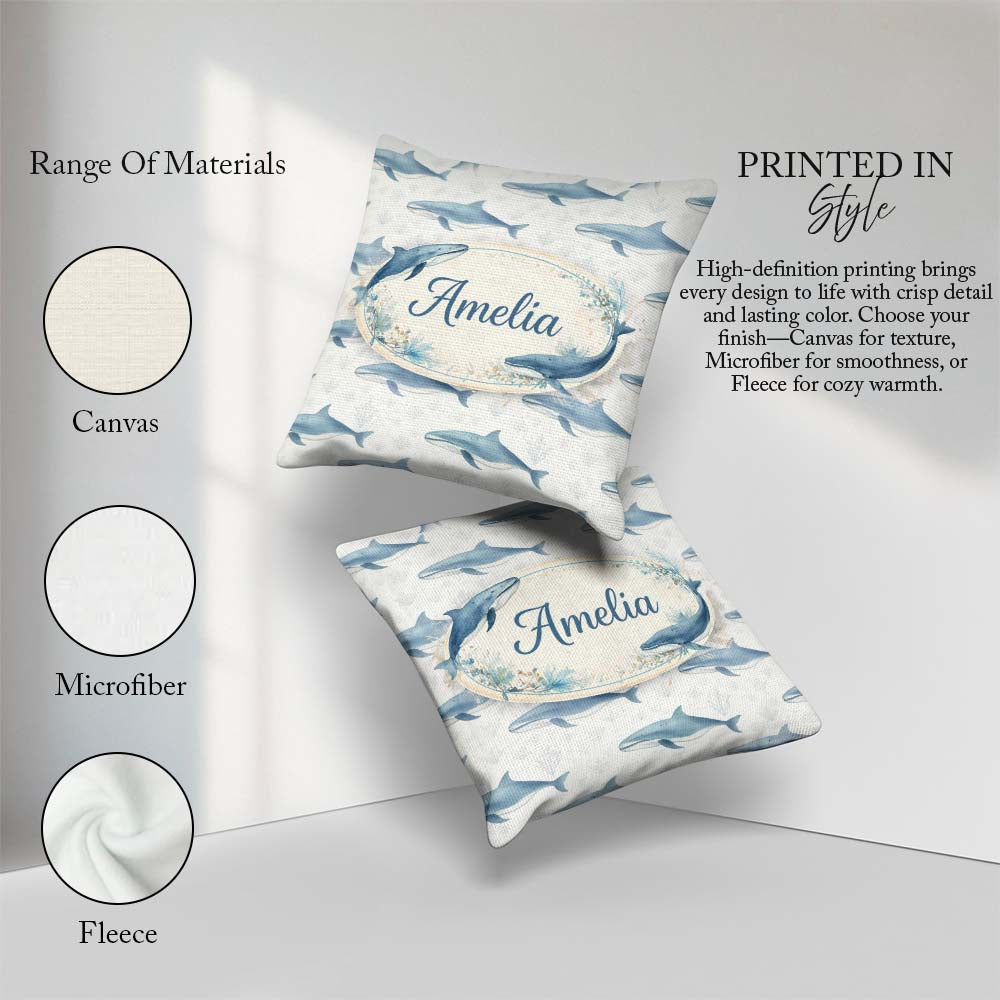 Custom Name Watercolor Blue Beluga Whale Seamless Pattern Marine Square Filled Cushion Throw Pillow Sofa Bed Home Decor Zip Washable UK Made