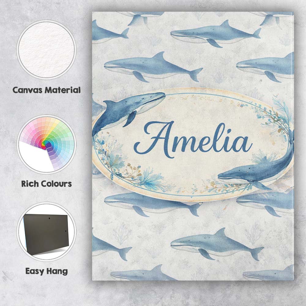 Personalised Name Watercolor Blue Beluga Whale Seamless Pattern Custom  Statement Canvas Wall Art Print Decor Picture Ready to Hang