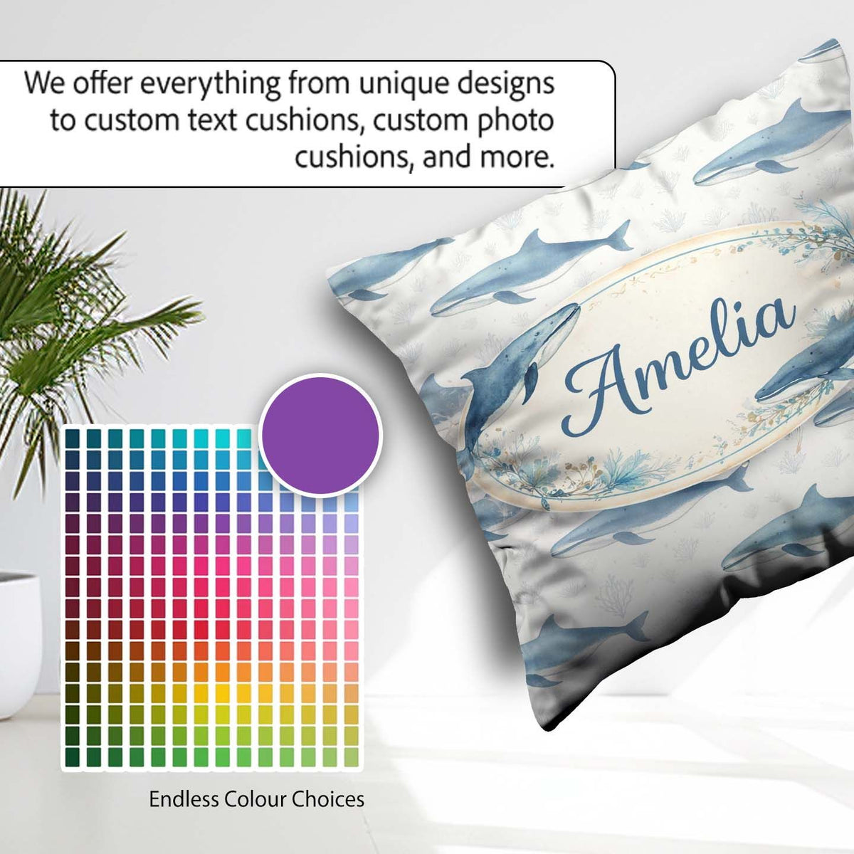 Custom Name Watercolor Blue Beluga Whale Seamless Pattern Marine Square Filled Cushion Throw Pillow Sofa Bed Home Decor Zip Washable UK Made