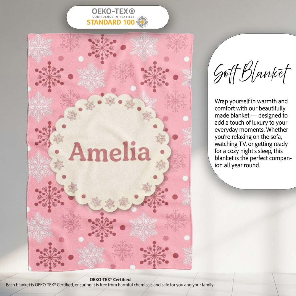 Soft Pink White Snowflake Polka Dot Winter Seamless Pattern Lovely  Personalised Custom Name Super Soft Fleece Blanket Bed Sofa Throw
