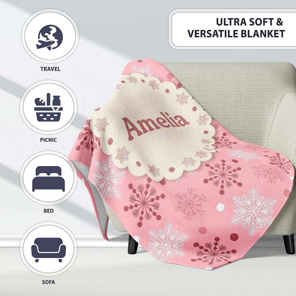 Soft Pink White Snowflake Polka Dot Winter Seamless Pattern Lovely  Personalised Custom Name Super Soft Fleece Blanket Bed Sofa Throw