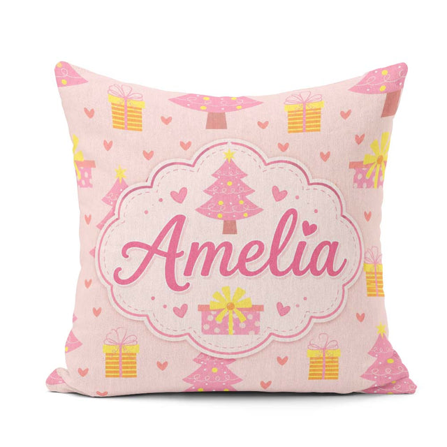 Custom Name Cute Pink Christmas Tree Box Heart Seamless Pattern Square Filled Cushion Throw Pillow Sofa Bed Home Decor Zip Washable UK Made