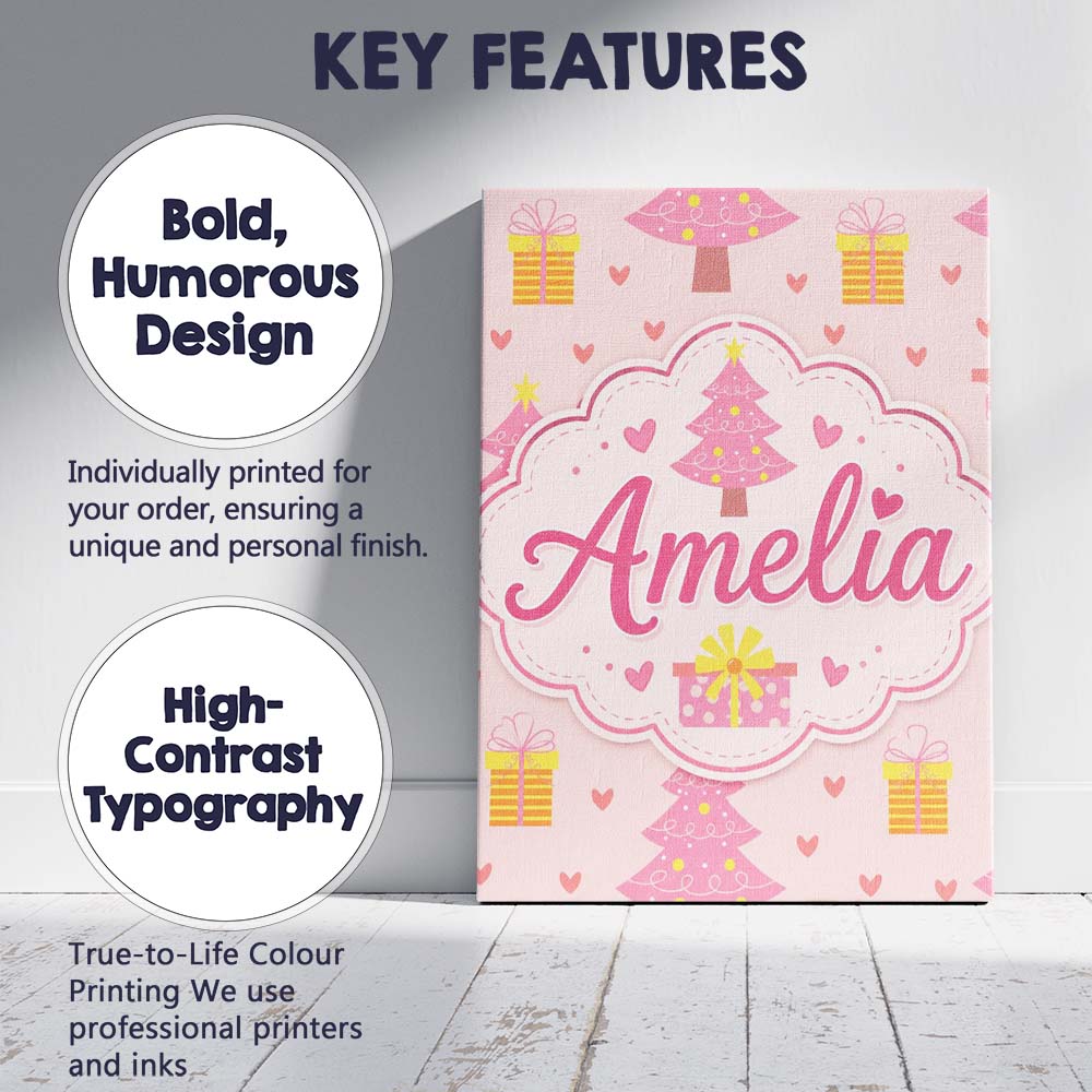 Personalised Name Cute Pink Christmas Tree Custom  Unique Gift Idea Elegant Feature Canvas Wall Art Print Decor Picture Ready to Hang